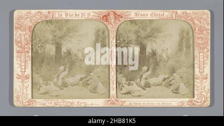 Cristo nel Giardino del Getsemani, le Christ au Jardin des Oliviers (titolo sull'oggetto), la vie de NS Jésus Cristo (titolo della serie sull'oggetto), anonimo, editore: Léon & Lévy (menzionato sull'oggetto), Parigi, 1864 - 1905, cartone, carta, stampa albume, altezza 86 mm x larghezza 176 mm Foto Stock