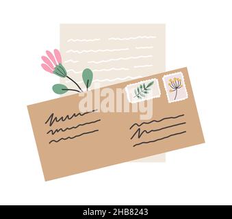 Buste, lettere postali cartacee, cartoline con francobolli e cartoline.  Busta con sigillo in cera fatta a mano, set vettoriale di cartoline postali  vintage. Scrittura vecchio stile con fiori per le vacanze Immagine