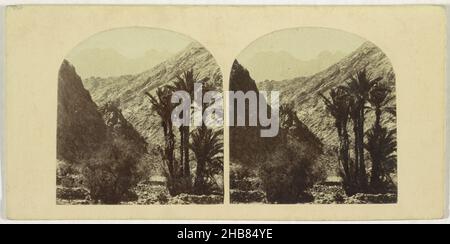 Vista del Monte Serbal nella valle di Wadi Feiran, Vista del Monte Serbal da Wady feiran (titolo sull'oggetto), viste nella penisola del Sinai (titolo della serie sull'oggetto), Second Series (titolo della serie sull'oggetto), Francis Frith (possibilmente), editore: Negretti & Zambra (possibilmente), Wadi Feiran, editore: Londra, 1859 - 1861, cartone, carta, stampa albume, altezza 84 mm x larghezza 178 mm Foto Stock