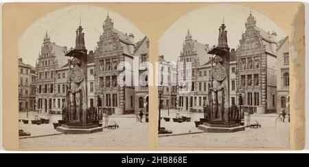 Statua di Roland sulla piazza del mercato di Brema, Brema, Marktplatz, Steinerne Roland (titolo sull'oggetto), Louis Koch (menzionato sull'oggetto), anonimo, Brema, 1887, cartone, carta, stampa albume, altezza 86 mm x larghezza 176 mm Foto Stock