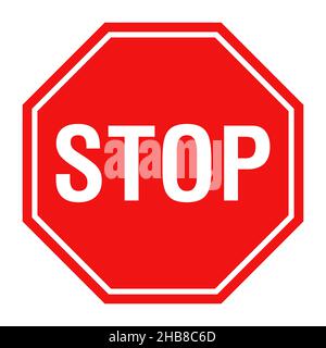 Stop rosso ottagonale isolato su sfondo bianco. Modello vettore di stop. Illustrazione Vettoriale