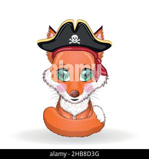 Fox pirata, personaggio cartoon del gioco, animale selvatico in un bandana e un cappello nascosto con un cranio, con una patch occhio. Personaggio con occhi luminosi Isola Illustrazione Vettoriale