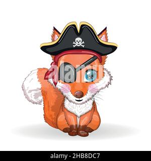 Fox pirata, personaggio cartoon del gioco, animale selvatico in un bandana e un cappello nascosto con un cranio, con una patch occhio. Personaggio con occhi luminosi Isola Illustrazione Vettoriale