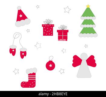 Collezione Natale con elementi stagionali cappelli santa, mittens rossi, albero verde con stella, angelo, giocattoli palla, calza, immagine vettoriale Illustrazione Vettoriale
