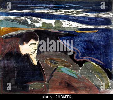 Sera, Melancholy i di Edvard Munch (1863-1944), legno tagliato a mano colorato con acquerello, 1896 Foto Stock