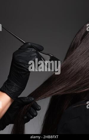 vista parziale del colorista che tiene la spazzola vicino alla donna con capelli marroni isolati su grigio scuro Foto Stock