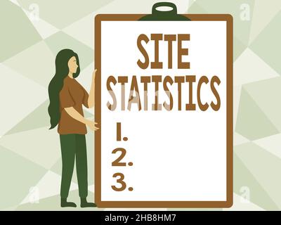 Testo della scrittura Statistiche sito. Metodo di business misurazione del comportamento dei visitatori di alcuni siti Web Donna disegno Holding Un grande spazio vuoto Clipboard Foto Stock