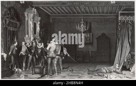 Fotoreproduzione di un dipinto dell'assassinio di Enrico i di Guise di Paul Delaroche, Assassinat du Duc de Guise au chateau de Blois (titolo sull'oggetto), Robert Jefferson Bingham (menzionato sull'oggetto), dopo: Paul Delaroche (menzionato sull'oggetto), Parigi, c.. 1853 - prima del 1858, carta, stampa albume, incisione, altezza 124 mm x larghezza 213 mm altezza 191 mm x larghezza 280 mm Foto Stock