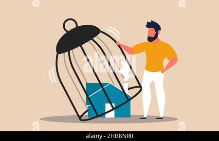 Riaprire un'azienda dopo un blocco. L'uomo apre e riavvia l'economia aperta gabbia vettore illustrazione. La gente è ritornata alla vita normale e alla qu Illustrazione Vettoriale