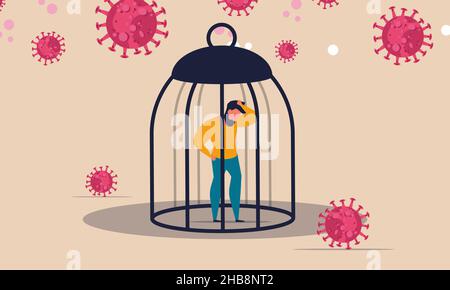 Lockdown e coprifuoco a casa illustrazione vettoriale con la gente. Un uomo si trova in una gabbia intorno al virus della corona. Rifiutare l'economia aziendale e proteggere Illustrazione Vettoriale