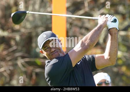 Orlando, Florida, Stati Uniti. 17th Dic 2021. Tiger Woods tee off the 8th buche durante il PNC Championship al Ritz-Carlton Golf Club di Orlando, Florida. Foto Stock