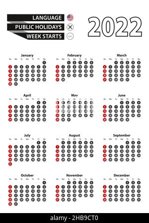 Calendario inglese 2022 con numeri in cerchio, la settimana inizia la domenica. Illustrazione vettoriale. Illustrazione Vettoriale