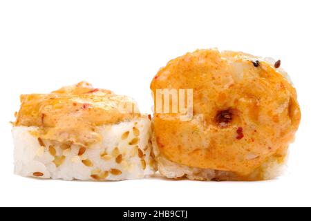Coppia di panini giapponesi al forno con formaggio piccante isolato closeup Foto Stock