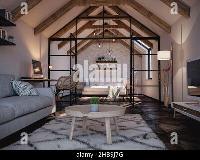 3D rendering di piccolo appartamento mansardato, con travi in legno, muro di mattoni bianchi dietro il letto e pannelli di vetro con cornici in acciaio per dividere la stanza in due Foto Stock