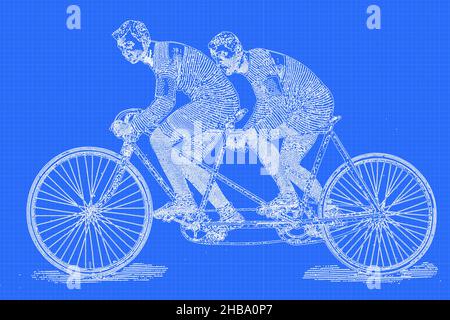 Illustrazione migliorata digitalmente di piloti in tandem che corrono su una bicicletta da 'on the Road to Health and Happiness' di Charles A. Vogeler Company. Data di pubblicazione 1897. Foto Stock