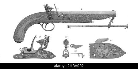 Illustrazione della pistola migliorata di Baker. Incisione su copperplate dell'Enciclopedia Londinensis, OR, Dizionario universale delle Arti, delle Scienze e della Letteratura; Volume XX. A cura di John Wilkes. Pubblicato a Londra, Gran Bretagna, nel 1825. Foto Stock