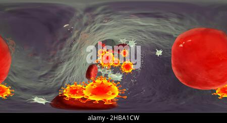 COVID-19 particelle di virus e piastrine attivate nel flusso sanguigno che partecipano alla formazione di coaguli, vista panoramica VR a 360 gradi all'interno di un vaso sanguigno, illustrazione concettuale. Foto Stock