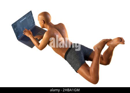 Illustrazione di un computer che mostra uno scheletro umano con postura errata mentre si lavora su un laptop. Foto Stock