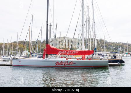 Wild Oats X Yacht a vela ormeggiato al Royal Prince Alfred Yacht Club a Bayview Pittwater, Sydney, Australia Foto Stock