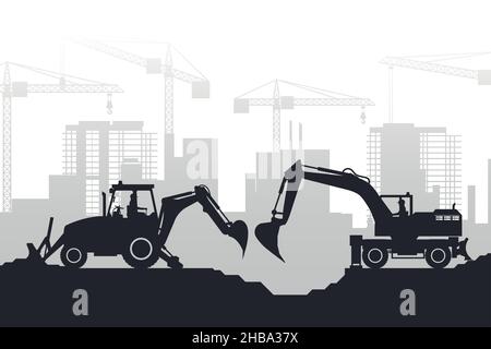 Sfondo di edifici in costruzione e macchinari pesanti con silhouette di retroescavatore e escavatore gommato Illustrazione Vettoriale