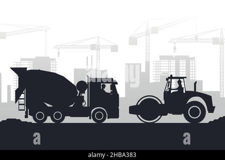 fondo di silhouette di macchinari pesanti con betoniera e compattatore per terreno in una città in costruzione Illustrazione Vettoriale