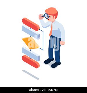 Flat 3D Isometric businessman guardando il diagramma di flusso attraverso Magnifier. Analisi aziendale e concetto del flusso di lavoro. Illustrazione Vettoriale