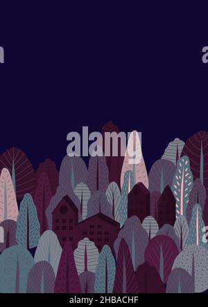 Illustrazione foresta invernale. Case nella foresta d'inverno. Foto Stock