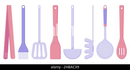 Set di elettrodomestici da cucina per cucinare, un cucchiaio, uno skimmer, una spatola in legno, una mestola, tenaglie da cucina, una spazzola alla griglia, un cucchiaio di spaghetti, un piatto il Illustrazione Vettoriale