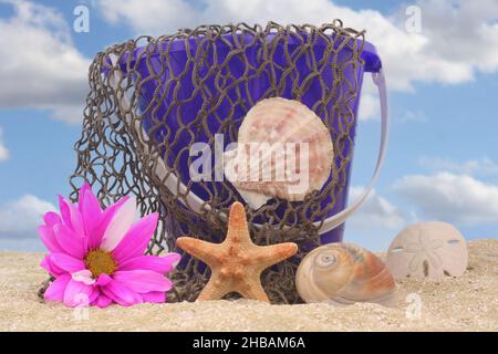Secchio di sabbia con rete e conchiglie di mare su sabbia con cielo Foto Stock