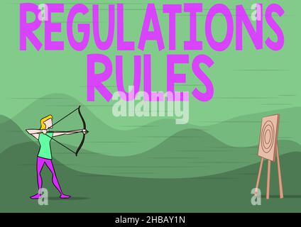 Regole di visualizzazione dei segnali. Foto concettuale la procedura standard di dichiarazione regola per controllare una condotta Lady Archer Illustrazione Holding Bow Foto Stock