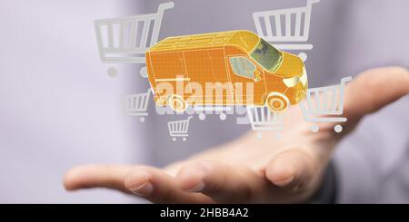 3D reso astratto carrello di shopping e un veicolo in una mano Foto Stock