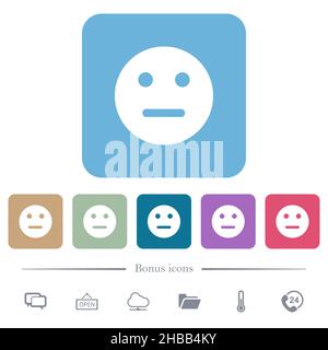 Icone piatte bianche a tinta unita dell'emoticon neutre su sfondi quadrati arrotondati a colori. 6 icone bonus incluse Illustrazione Vettoriale