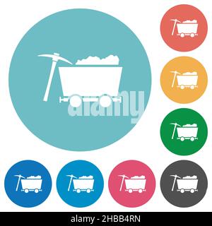 Caricato il carrello della miniera e piccone bianco piatto icone su sfondi rotondi di colore Illustrazione Vettoriale