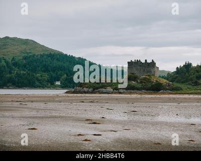 Castello Tioram / Dorlin Castello rovine nel paesaggio Loch Moidart sulla costa occidentale della Scozia, Lochaber, West Highlands, Regno Unito Foto Stock