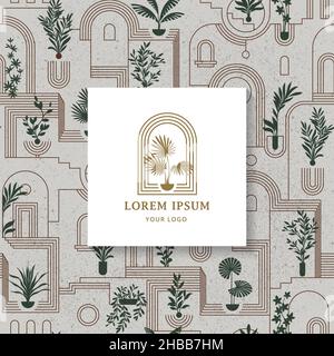 Motivi architettonici senza giunture con piante e logo giardino della città per hotel, carta da parati o galleria. Illustrazione Vettoriale