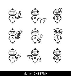 Una raccolta di assistenti robotici con vari strumenti e abiti. Illustrazione Vettoriale
