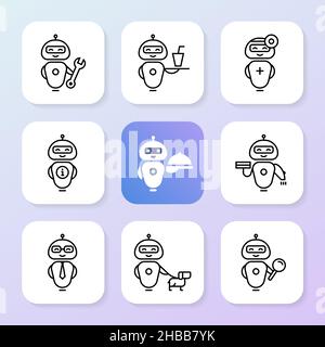Una raccolta di assistenti robotici con vari strumenti e abiti. Illustrazione Vettoriale