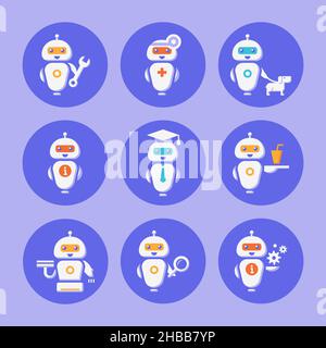 Una raccolta di assistenti robotici con vari strumenti e abiti. Illustrazione Vettoriale