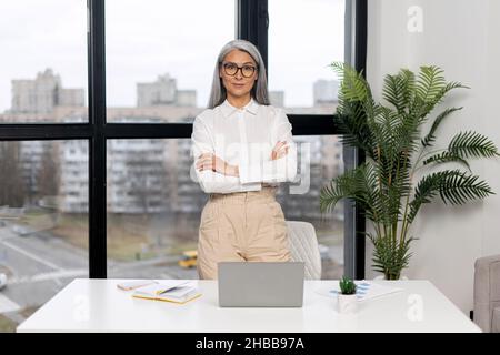 Donna anziana seria che guarda la macchina fotografica mentre posa le braccia incrociate. Signora asiatica matura dai capelli grigi in piedi al suo ufficio moderno Foto Stock