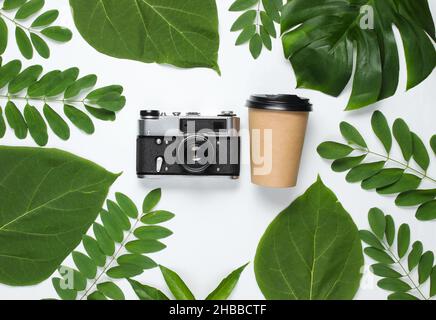 Tazza di caffè artigianale in cartone usa e getta, macchina fotografica retrò su sfondo bianco con foglie tropicali verdi/ Vista dall'alto Foto Stock