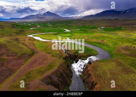 Aerial view of Reykjafoss waterfall located near Varmahlid in Iceland Foto Stock