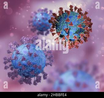 Variante del virus, coronavirus, proteina Spike. Omicron. Covid-19 visto al microscopio. SARS-COV-2, rendering 3d Foto Stock