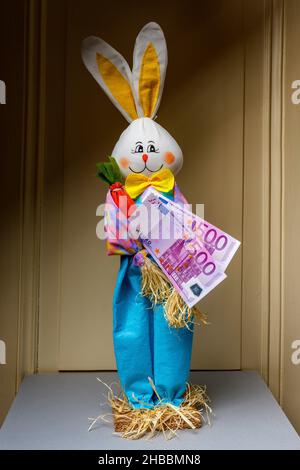 Coniglio felice imbottito in possesso di due banconote da 500 euro, Foto Stock
