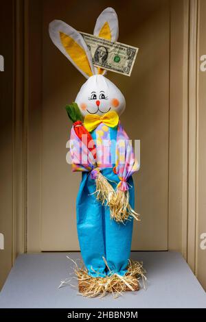 Coniglio felice farcito con 1 banconote in dollari USA sbriciolate tra le orecchie, Foto Stock