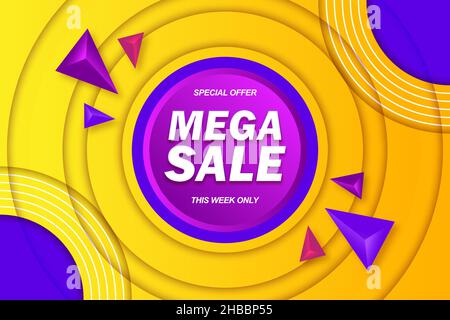 Banner promozionale Mega sale con design astratto giallo, blu e viola Illustrazione Vettoriale