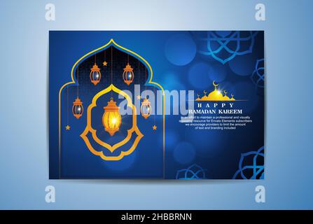 Biglietto d'auguri islamico Ramadan Kareem con design blu e dorato Illustrazione Vettoriale