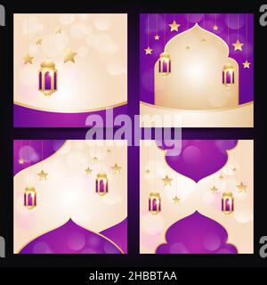 Collezioni di design del modello di biglietto d'auguri Islamico con colore viola e dorato Illustrazione Vettoriale