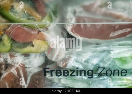 Affettato frutti maturi di peperone in sacchetti di cellophane, preparati per il congelamento e la conservazione a lungo termine nel comparto freezer del frigorifero. V. Anteriore Foto Stock