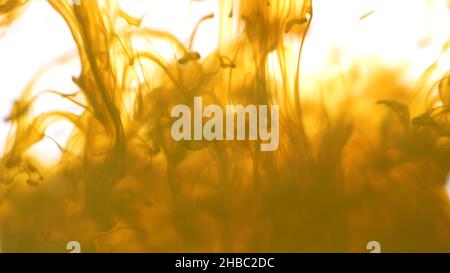 Primo piano per la diffusione di inchiostro colorato in acqua su sfondo bianco. Fumo astratto giallo e colorato che cade dall'alto verso il basso Foto Stock