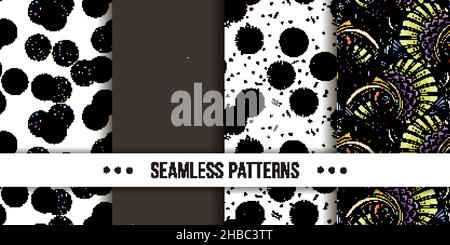 Set di samless ornate, noodle disegni astratti a mano. Illustrazione vettoriale. Trama dello schizzo a inchiostro, immagine del disegno a tratteggio ruvido Illustrazione Vettoriale